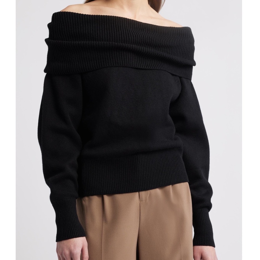COS Foldover Off The Shoulder Wool Sweater Black Ribbed Knit - Medium